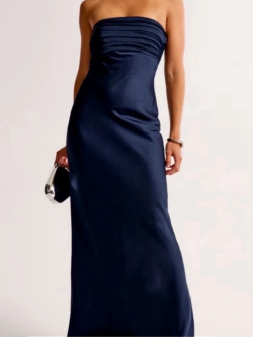 Abercrombie & Fitch Strapless Navy Satin Maxi Dress with ruched top